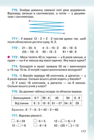 117117
770.  Знайди довжину ламаної лінії дією додавання.
Відповідь запиши в сантиметрах, а потім  — у дециме­
трах і сантиметрах.
771*.  У виразі 12 : 2 + 2 ∙ 2 постав дужки так, щоб
після обчислення дістати суму: 6; 2.
772°. 	 21 – 35 : 5			 4 ∙ 5 – 10 : 2		 40 – 18 : 6
				 (55 – 19) : 6		 40 – 18 : 3			 81 + 48 : 6
773°. Маса теляти 42 кг, індички — у 6 разів менша, а
курки — на 4 кг менша від маси індички. Яка маса курки?
774.  Екскурсія в музеї тривала 50 хв і закінчилася
о 15 год 10 хв. О котрій годині розпочалася екскурсія?
775. 1) Басейн відвідує 48 хлопчиків, а дівчаток — у
6 разів менше. Скільки всього дітей ходить у басейн?
2) У класі 18 хлопчиків, а дівчаток  — на 6  менше.
Скільки всього учнів у класі?
776. За даними таблиці склади та обчисли вирази.
Зменшуване 6∙7 36 : 4 45 94 6 ∙ 8
Від’ємник 6 : 3 18 : 6 81 – 57 54 : 6 29
Зразок. 6 ∙ 7 – 6 : 3 = 42 – 2 = 40.
777. Віднови рівності.
∙ 6 = 24			 : 6 = 5			 12 – ( + 4) = 2
12 – = 6			 – 6 = 8			 43 – (20 + ) = 13
 