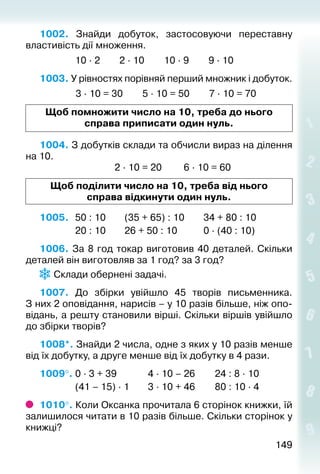 149149
1002.  Знайди добуток, застосовуючи переставну
влас­тивість дії множення.
				 10 · 2			 2 ∙ 10		 10 · 9			 9 · 10
1003. У рівностях порівняй перший множник і добуток.
3 · 10 = 30   5 · 10 = 50   7 · 10 = 70
Щоб помножити число на 10, треба до нього
спра­ва приписати один нуль.
1004. З добутків склади та обчисли вираз на ділен­ня
на 10.
								 2 · 10 = 20			 6 · 10 = 60
Щоб поділити число на 10, треба від нього
справа відкинути один нуль.
1005. 	 50 : 10		 (35 + 65) : 10		 34 + 80 : 10
				 20 : 10		 26 + 50 : 10			 0 · (40 : 10)
1006. За 8 год токар виготовив 40 деталей. Скільки
деталей він виготовляв за 1 год? за 3 год?
Склади обернені задачі.
1007.  До збірки увійшло 45 творів письменника.
З них 2 оповідання, нарисів – у 10 разів більше, ніж опо­
відань, а решту становили вірші. Скільки віршів увійшло
до збірки творів?
1008*. Знайди 2 числа, одне з яких у 10 разів менше
від їх добутку, а друге менше від їх добутку в 4 рази.
1009°. 0 · 3 + 39			 4 · 10 – 26		 24 : 8 · 10
				 (41 – 15) · 1			3 · 10 + 46			80 : 10 · 4
1010°. Коли Оксанка прочитала 6 сторінок книжки, їй
залишилося читати в 10 разів більше. Скільки сторінок у
книжці?
 