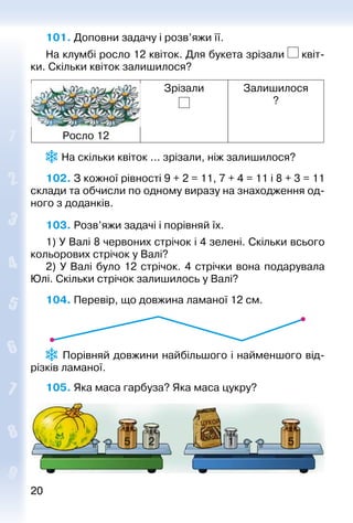 2020
101. Доповни задачу і розв’яжи її.
На клумбі росло 12 квіток. Для букета зрізали квіт­
ки. Скільки квіток залишилося?
Росло 12
Зрізали Залишилося
?
 На скільки квіток ... зрізали, ніж залишилося?
102. З кожної рівності 9 + 2 = 11, 7 + 4 = 11 і 8 + 3 = 11
склади та обчисли по одному виразу на знаходження од­
ного з доданків.
103. Розв’яжи задачі і порівняй їх.
1) У Валі 8 червоних стрічок і 4 зелені. Скільки всього
кольорових стрічок у Валі?
2) У Валі було 12 стрічок. 4 стрічки вона подару­вала
Юлі. Скільки стрічок залишилось у Валі?
104. Перевір, що довжина ламаної 12 см.
 Порівняй довжини найбільшого і найменшого від­
різків ламаної.
105. Яка маса гарбуза? Яка маса цукру?
5 512
 
