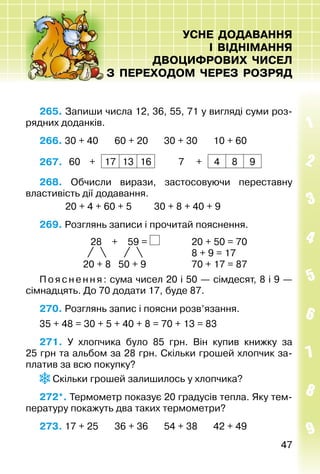 4747
УСНЕ ДОДАВАННЯ
І ВІДНІМАННЯ
ДВОЦИФРОВИХ ЧИСЕЛ
З ПЕРЕХОДОМ ЧЕРЕЗ РОЗРЯД
265. Запиши числа 12, 36, 55, 71 у вигляді суми роз­
рядних доданків.
266. 30 + 40		 60 + 20		 30 + 30		 10 + 60
267.  60 + 17 13 16 7 + 4 8 9
268. Обчисли вирази, застосовуючи переставну
властивість дії додавання.
			 20 + 4 + 60 + 5			 30 + 8 + 40 + 9
269. Розглянь записи і прочитай пояснення.
28 + 59 = 	 20 + 50 = 70
	 8 + 9 = 17	
20 + 8 50 + 9	 70 + 17 = 87
Пояснення: сума чисел 20 і 50 — сімдесят, 8 і 9 —
сімнадцять. До 70 додати 17, буде 87.
270. Розглянь запис і поясни розв’язання.
35 + 48 = 30 + 5 + 40 + 8 = 70 + 13 = 83
271.  У хлопчика було 85  грн. Він купив книжку за
25 грн та альбом за 28 грн. Скільки грошей хлопчик за­
платив за всю покупку?
Скільки грошей за­лишилось у хлопчика?
272*. Термометр показує 20 градусів тепла. Яку тем­
пературу покажуть два таких термометри?
273. 17 + 25		 36 + 36		 54 + 38		 42 + 49
 
