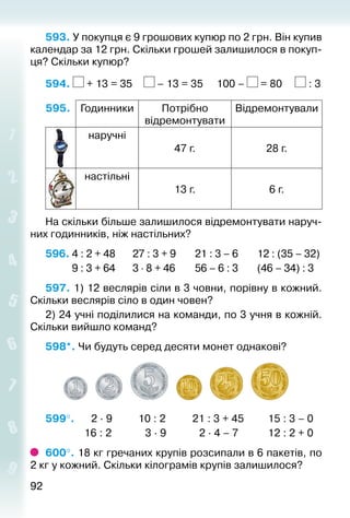 9292
593. У покупця є 9 грошових купюр по 2 грн. Він купив
календар за 12 грн. Скільки грошей залишилося в покуп­
ця? Скільки купюр?
594. + 13 = 35	 – 13 = 35	 100 – = 80	 : 3
595. Годинники Потрібно
відремонтувати
Відремонтували
наручні
47 г. 28 г.
настільні
13 г. 6 г.
На скільки більше залишилося відремонтувати наруч­
них годинників, ніж настільних?
596. 4 : 2 + 48		 27 : 3 + 9		 21 : 3 – 6		 12 : (35 – 32)
		 9 : 3 + 64		 3 ⋅ 8 + 46		 56 – 6 : 3		 (46 – 34) : 3
597. 1) 12 веслярів сіли в 3 човни, порівну в кожний.
Скільки веслярів сіло в один човен?
2) 24 учні поділилися на команди, по 3 учня в кожній.
Скільки вийшло команд?
598*. Чи будуть серед десяти монет однакові?
599°. 	  2 ∙ 9			 10 : 2			 21 : 3 + 45			 15 : 3 – 0
				 16 : 2			  3 ∙ 9			  2 ∙ 4 – 7			 12 : 2 + 0
600°. 18 кг гречаних крупів розсипали в 6 пакетів, по
2 кг у кожний. Скільки кілограмів крупів залишилося?
 