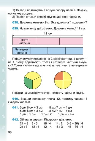 9898
1) Склади прямокутний аркуш паперу нав­піл. Покажи
половину аркуша.
2) Поділи в та­кий спосіб круг на дві рівні частини.
638. Довжина мотузки 8 м. Яка довжина її половини?
639. На малюнку дві смужки. Довжина кожної 12 см.
Третя
час­тина
12 см
Четверта
час­тина
Першу смужку поділено на 3 рівні частини, а другу —
на 4. Чому дорівнюють третя і четверта частини смуж­
ки? Третя час­тина ще має назву третина, а четверта —
чверть.
Покажи на малюнку третю і четверту части­ни круга.
640.  Знайди половину числа 12, третину числа 15
і чверть числа 8.
641. 	5 дм 6 см + 3 см			 8 дм 7 см – 4 дм
			 5 дм 6 см + 3 дм			 8 дм 7 см – 4 см
			 1 дм + 2 см		 1 дм : 2			 1 дм – 2 см
642. Обчисли вирази. Підкресли дільники.
			 21 – 3		 3 ∙ 6			 16 : 4		 14 : 2		 (48 – 36) : 4
			 21 : 3		 12 : 4		 12 – 4		 18 : З		 48 – 36 : 4
 