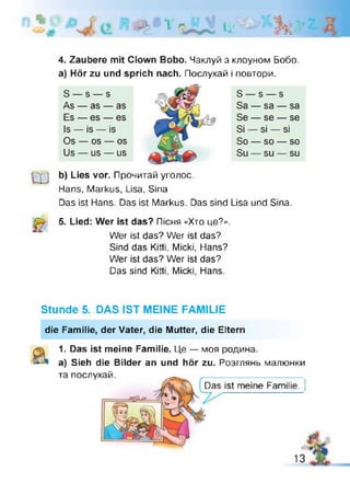 й > а їл» І і '
tu
4. Zaubere mit Clown Bobo. Чаклуй з клоуном Бобо.
а) Hör zu und sprich nach. Послухай і повтори.
b) Lies vor. Прочитай уголос.
Hans, Markus, Lisa, Sina
Das ist Hans. Das ist Markus. Das sind Lisa und Sina.
5. Lied: Wer ist das? Пісня «Хто це?».
Wer ist das? Wer ist das?
Sind das Kitti, Micki, Hans?
Wer ist das? Wer ist das?
Das sind Kitti, Micki, Hans.
Stunde 5. DAS IST MEINE FAMILIE
die Familie, der Vater, die Mutter, die Eltern
1. Das ist meine Familie. Це — моя родина,
a) Sieh die Bilder an und hör zu. Розглянь малюнки
та послухай.
Das ist meine Familie.
13
 
