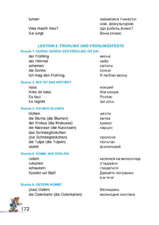 turnen займатися гімнасти­
Was macht Alex?
Sie singt.
кою, фізкультурою
Що робить Апекс?
Вона співає.
LEKTION 6. FRÜHLING UND FRÜHLINGSFESTE
Stunde 1. HURRA! HURRA! DER FRÜHLING IST DA!
der Frühling весна
der Himmel небо
scheinen
die Sonne
Ich mag den Frühling.
світити
сонце
Я люблю весну.
Stunde 2. WIE IST DAS WETTER?
nass
Alles ist nass.
Es taut.
Es regnet.
мокрий
Усе мокре.
Розтає.
Іде дощ.
Stunde 3. ICH MAG BLUMEN
blühen
die Blume (die Blumen)
der Krokus (die Krokusse)
die Narzisse (die Narzissen)
das Schneeglöckchen
(die Schneeglöckchen)
die Tulpe (die Tulpen)
violett
цвісти
квітка
крокус
нарцис
пролісок
тюльпан
фіолетовий
Stunde S. KOMM, WIR SPIELEN!
radeln
rutschen
schaukeln
Spielen wir Ball!
кататися на велосипеді
з'їжджати
гойдатися
Давайте пограємо
в м’яча!
Stunde 6. OSTERN KOMMT
(das) Ostern
die Osterkarte (die Osterkarten)
Великдень
великодня листівка
172
 