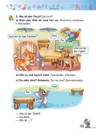 2. Wo ist der Tisch? Де стіл?
a) Sieh das Bild an und hör zu. Розглянь малюнок
і послухай.
b) Hör zu und sprich nach. Послухай і повтори.
c) Da oder dort? Antworte. Тут чи там? Дай відповідь.
— Wo ist der Tisch?
— Da./Dort.
— Wo ist ...?
89
 