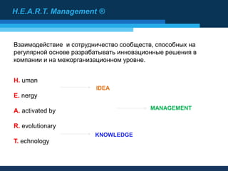 Взаимодействие и сотрудничество сообществ, способных на
регулярной основе разрабатывать инновационные решения в
компании и на межорганизационном уровне.
H. uman
E. nergy
A. activated by
R. evolutionary
T. echnology
IDEA
KNOWLEDGE
MANAGEMENT
H.E.A.R.T. Management ®
 
