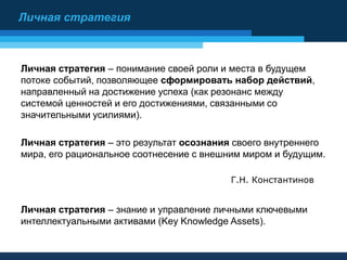 Личная стратегия – понимание своей роли и места в будущем
потоке событий, позволяющее сформировать набор действий,
направленный на достижение успеха (как резонанс между
системой ценностей и его достижениями, связанными со
значительными усилиями).
Личная стратегия – это результат осознания своего внутреннего
мира, его рациональное соотнесение с внешним миром и будущим.
Личная стратегия – знание и управление личными ключевыми
интеллектуальными активами (Key Knowledge Assets).
Личная стратегия
Г.Н. Константинов
 
