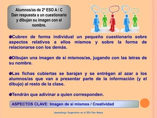 Alumnos/as de 2º ESO A / C
Dan respuesta a un cuestionario
y dibujan su imagen con el
nombre.

Cubren de forma individual un pequeño cuestionario sobre
aspectos relativos a ellos mismos y sobre la forma de
relacionarse con los demás.
Dibujan una imagen de si mismos/as, jugando con las letras de
su nombre.
Las fichas cubiertas se barajan y se entrégan al azar a los
alumnos/as que van a presentar parte de la información (y el
dibujo) al resto de la clase.

Tendrán que adivinar a quien corresponden.
ASPECTOS CLAVE: Imagen de si mismos / Creatividad
Aprendizaje Cooperativo en el IES Pino Manso

 