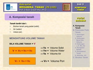 POKOK
BAHASAN
A. Komposisi tanah
Tanah terdiri dari :
• Butiran tanah yang padat (solid)
• Air (water)
• Udara (air)
 Vv = Volume Pori
MENGHITUNG VOLUME TANAH
BILA VOLUME TANAH = V
 Vs = Volume Solid
 Vw = Volume Water
 Va = Volume Air
V = Vs + Vw + Va
Vv = Vw + Va
A. Komposisi
Tanah
B. Parameter Fisik
Tanah
1. Hubungan
Volume
2. Hubungan
Berat Dan
Volume
3. Hubungan
, E, Wc, Gs
4. Kerapatan
Relatif
5. Konsistensi
Tanah
6. Aktivitas (A)
C. Struktur Tanah
Mata kuliah
MEKANIKA TANAH (PS-1335)
Prof. Ir.Noor Endah Msc. Ph.D.
BAB II
KOMPOSISI
TANAH
 