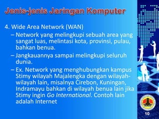 10
4. Wide Area Network (WAN)
– Network yang melingkupi sebuah area yang
sangat luas, melintasi kota, provinsi, pulau,
bahkan benua.
– Jangkauannya sampai melingkupi seluruh
dunia.
– Ex. Network yang menghubungkan kampus
Stimy wilayah Majalengka dengan wilayah-
wilayah lain, misalnya Cirebon, Kuningan,
Indramayu bahkan di wilayah benua lain jika
Stimy ingin Go International. Contoh lain
adalah Internet
 