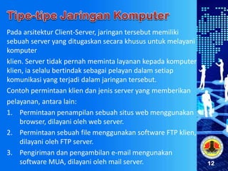 12
Pada arsitektur Client-Server, jaringan tersebut memiliki
sebuah server yang ditugaskan secara khusus untuk melayani
komputer
klien. Server tidak pernah meminta layanan kepada komputer
klien, ia selalu bertindak sebagai pelayan dalam setiap
komunikasi yang terjadi dalam jaringan tersebut.
Contoh permintaan klien dan jenis server yang memberikan
pelayanan, antara lain:
1. Permintaan penampilan sebuah situs web menggunakan
browser, dilayani oleh web server.
2. Permintaan sebuah file menggunakan software FTP klien,
dilayani oleh FTP server.
3. Pengiriman dan pengambilan e-mail mengunakan
software MUA, dilayani oleh mail server.
 