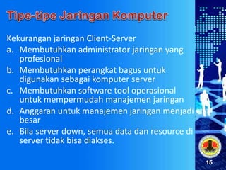 15
Kekurangan jaringan Client-Server
a. Membutuhkan administrator jaringan yang
profesional
b. Membutuhkan perangkat bagus untuk
digunakan sebagai komputer server
c. Membutuhkan software tool operasional
untuk mempermudah manajemen jaringan
d. Anggaran untuk manajemen jaringan menjadi
besar
e. Bila server down, semua data dan resource di
server tidak bisa diakses.
 