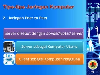 16
2. Jaringan Peer to Peer
Server disebut dengan nondedicated server
Server sebagai Komputer Utama
Client sebagai Komputer Pengguna
 