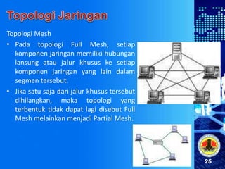 25
Topologi Mesh
• Pada topologi Full Mesh, setiap
komponen jaringan memiliki hubungan
lansung atau jalur khusus ke setiap
komponen jaringan yang lain dalam
segmen tersebut.
• Jika satu saja dari jalur khusus tersebut
dihilangkan, maka topologi yang
terbentuk tidak dapat lagi disebut Full
Mesh melainkan menjadi Partial Mesh.
 