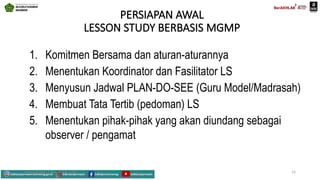 PERSIAPAN AWAL
LESSON STUDY BERBASIS MGMP
1. Komitmen Bersama dan aturan-aturannya
2. Menentukan Koordinator dan Fasilitator LS
3. Menyusun Jadwal PLAN-DO-SEE (Guru Model/Madrasah)
4. Membuat Tata Tertib (pedoman) LS
5. Menentukan pihak-pihak yang akan diundang sebagai
observer / pengamat
Mahyudinnor, S.Pd., M.Ed., C.Ht. 16
 