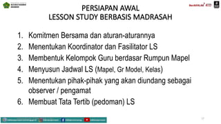 PERSIAPAN AWAL
LESSON STUDY BERBASIS MADRASAH
1. Komitmen Bersama dan aturan-aturannya
2. Menentukan Koordinator dan Fasilitator LS
3. Membentuk Kelompok Guru berdasar Rumpun Mapel
4. Menyusun Jadwal LS (Mapel, Gr Model, Kelas)
5. Menentukan pihak-pihak yang akan diundang sebagai
observer / pengamat
6. Membuat Tata Tertib (pedoman) LS
Mahyudinnor, S.Pd., M.Ed., C.Ht. 17
 