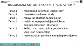 BAGAIMANA MELAKSANAKAN LESSON STUDY ?
Tahap 1 : membentuk kelompok lesson study
Tahap 2 : memfokuskan lesson study
Tahap 3 : menyusun rencana pembelajaran
Tahap 4 : melaksanakan pembelajaran di kelas
dan mengamatinya (observasi)
Tahap 5 : Refleksi dan menganalisis pembelajaran
yang telah dilaksanakan
Tahap 6 : merencanakan pembelajaran tahap selanjutnya
Mahyudinnor, S.Pd., M.Ed., C.Ht. 8
 