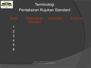 Terminologi
       Pentaksiran Rujukan Standard

Band       Pernyataan             Deskriptor   Evidens
            Standard
 1
 2
 3
 4
 5
 6


                ©2012 LEMBAGA PEPERIKSAAN,
              KEMENTERIAN PELAJARAN MALAYSIA

                                                         18
 