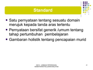  Satu pernyataan tentang sesuatu domain
  merujuk kepada tanda aras tertentu
 Pernyataan bersifat generik /umum tentang
  tahap pertumbuhan pembelajaran
 Gambaran holistik tentang pencapaian murid




                 ©2012 LEMBAGA PEPERIKSAAN,     21
               KEMENTERIAN PELAJARAN MALAYSIA
 