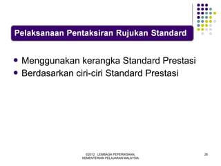  Menggunakan   kerangka Standard Prestasi
 Berdasarkan ciri-ciri Standard Prestasi




                  ©2012 LEMBAGA PEPERIKSAAN,     26
                KEMENTERIAN PELAJARAN MALAYSIA
 