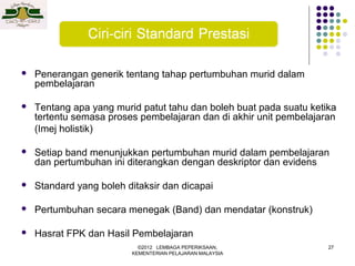    Penerangan generik tentang tahap pertumbuhan murid dalam
    pembelajaran

   Tentang apa yang murid patut tahu dan boleh buat pada suatu ketika
    tertentu semasa proses pembelajaran dan di akhir unit pembelajaran
    (Imej holistik)

   Setiap band menunjukkan pertumbuhan murid dalam pembelajaran
    dan pertumbuhan ini diterangkan dengan deskriptor dan evidens

   Standard yang boleh ditaksir dan dicapai

   Pertumbuhan secara menegak (Band) dan mendatar (konstruk)

   Hasrat FPK dan Hasil Pembelajaran
                           ©2012 LEMBAGA PEPERIKSAAN,               27
                         KEMENTERIAN PELAJARAN MALAYSIA
 