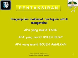 PS
          PENTAKSIRAN

     Pengumpulan maklumat bertujuan untuk
                  mengetahui

             APA yang murid TAHU

         APA yang murid BOLEH BUAT

       APA yang murid BOLEH AMALKAN

                  ©2012 LEMBAGA PEPERIKSAAN,     3
                KEMENTERIAN PELAJARAN MALAYSIA
 
