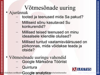Võtmesõnade uuring
      • Ajurünnak
                 –     tooted ja teenused mida Sa pakud?
                 –     Milliseid sõnu kasutavad Su
                       konkurendid?
                 –     Millised teised teenused on minu
                       ideaalsele kliendile olulised?
                 –     Millised tuntud vaatamisväärsused on
                       piirkonnas, mida võidakse teada ja
                       otsida?
      • Võtmesõnade uuringu vahendid
                     – Google Märksõna Tööriist
                     – Quintura
                     –
http://slideshare.net/RuukelGoogle analytics
                                http://www.facebook.com/turismiturundus   http://twitter.com/Ruukel
 