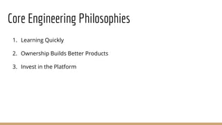 Core Engineering Philosophies
1. Learning Quickly
2. Ownership Builds Better Products
3. Invest in the Platform
 