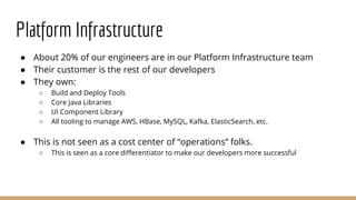 Platform Infrastructure
● About 20% of our engineers are in our Platform Infrastructure team
● Their customer is the rest of our developers
● They own:
○ Build and Deploy Tools
○ Core Java Libraries
○ UI Component Library
○ All tooling to manage AWS, HBase, MySQL, Kafka, ElasticSearch, etc.
● This is not seen as a cost center of “operations” folks.
○ This is seen as a core differentiator to make our developers more successful
 