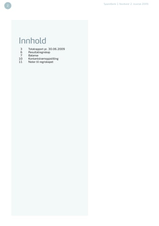 SpareBank 1 Nordvest 2. kvartal 2009
2




    Innhold
     3   Totalrapport pr. 30.06.2009
     6   Resultatregnskap
     7   Balanse
    10   Kontantstrømoppstilling
    11   Noter til regnskapet
 