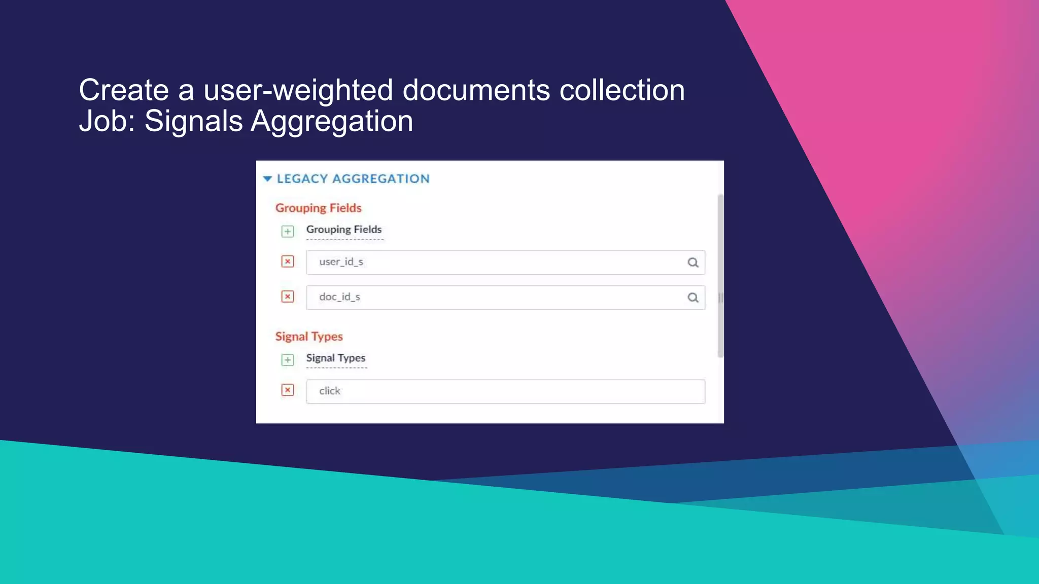 Create a user-weighted documents collection
Job: Signals Aggregation
 