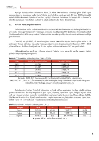 Fatih Belediyesi
2015-2019 Stratejik Planı
	 Aynı yıl belediye olan Eminönü ve Fatih, 29 Mart 2009 tarihinde yürürlüğe giren 5747 sayılı
kanunun devreye alınmasına kadar Suriçi’nde iki ayrı belediye olarak yer aldı. 29 Mart 2009 tarihindeki
seçimle birlikte Eminönü Belediyesi’nin tüzel kişiliği kaldırılarak Fatih ilçesi ile  birleştirildi ve İstanbul’u
fetheden kumandan Fatih Sultan Mehmet’in adıyla anılan tek bir ilçeye dönüştürüldü.
2.2.	 Mevcut Nüfus Değerlendirmesi
	 Fatih ilçesinin nüfus verileri analiz edilirken öncelikle katılım öncesi verilerine göre her iki il-
çeyi analiz etmek gerekmektedir; Fatih ilçesi açısından bakıldığında 2009-2013 arası dönemde İstanbul
İli nüfusunda sürekli bir artış varken Fatih’te nüfus tam aksi şekilde sürekli olarak nüfusun azaldığı
görülmektedir.
	
	 Genel bir bakışla 1997 yılı baz alındığında en son 2000 nüfus sayımı dahil toplam nüfus % 19
azalmıştır. Toplan nüfustaki bu azalış Fatih açısından bu son derece çarpıcı bir kayıptır. 2009 – 2013
yılları nüfus verileri baz alındığında ise ilçenin toplam nüfusundaki azalış %2’ lere gerilemiştir.
	 Nüfustaki azalışın gerileme eğilimine girmesi Fatih’in yavaş yavaş bir cazibe merkezi haline
gelmeye başladığının göstergesidir.
Tablo 1: Yıllara Göre Nüfus Dağılımı (2009 - 2013)
Yıllar Fatih’in Toplam Nüfusu İstanbul Nüfusu
2009 433.796 12.915.158
2010 431.147 13.255.685
2011 429.351 13.624.240
2012 428.857 13.854.740
2013 425.875 14.160.467
Kaynak: TUİK T.C. Başbakanlık Devlet İstatistik Enstitüsü Nüfus İstatistikleri,
2009,2010,2011,2012,2013; İstanbul Büyükşehir Belediyesi, Bilgi Hizmetleri: http://www.ibb.gov.tr/
index.htm, http://tuikapp.tuik.gov.tr/adnksdagitapp/adnks.zul
	 Belediyemize katılan Eminönü bölgesinin yerleşik nüfusu azalmakla beraber gündüz nüfusu
giderek artmaktadır. Bu artış bölgedeki iş yeri sayısı, alışveriş yapanların sayısı, bölgeyi ziyaret eden
yerli ve yabancı turistler, hizmetler sektöründen yararlanan kişiler (Üniversite, Okul, Adliye, Valilik,
Büyükşehir Belediyesi ve diğer kamu kurumları ) toplu taşım araçlarıyla (otobüs, tramvay, vapur, tren,
arabalı vapur vb. ) seyahat eden yolcuların sayısından kaynaklanmaktadır.
Tablo 2: Nüfusun Cinsiyete Göre Dağılımı (2013)
Cinsiyet Fatih % İstanbul %
Erkek 212.114 49,88 7.115.721 50.29
Kadın 213.761 50,12 7.044.746 49,71
Toplam 425.875 100 14.160.467 100
Kaynak: TÜİK, Nüfus İstatistikleri, 2013
8
 