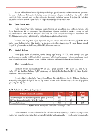 Fatih Belediyesi
2015-2019 Stratejik Planı
	 Ayrıca, eski dokunun bulunduğu bölgelerde düşük gelir düzeyine sahip kullanıcıların yaşaması,
koruma ve kullanma bilincinin eksikliği, sosyal tabakanın bilinçsiz müdahaleleri ile tarihi ve kül-
türel değerlerin zaman içinde tahribata uğraması, karmaşık mülkiyet sorunu, denetimsizlik, hukuksal
boşluklar ve yetersizlikler, ilçede fiziki ve sosyal köhnemeye neden olmaktadır.
2.6.	 Genel Sosyal Yapı
	 Fatih, İstanbul’un Tarihi Yarımada olarak bilinen sur içindeki en eski yerleşim yeridir. Fatih
İlçesi, İstanbul’un Türkler tarafından fethedilmesinden itibaren İstanbul’un merkezi olmuş, bu özel-
lik yakın zamana kadar devam etmiştir. Ancak, son elli yıllık dönüşüm süreci içinde bu merkez olma
özelliği zayıflamış, sosyo-ekonomik ve kültürel yapısı değişim göstermiştir.  
	 Fatih’in belli bölgeleri bugün “çöküntü bölgesi” olarak nitelendirilebilecek yapıdadır. Fatih,
tarihi yapısıyla İstanbul’un diğer ilçeleriyle farklılık gösterirken, ilçenin sosyal yapısı da aynı oranda
değişiklik göstermekte ve farklı sosyal kimlikleri barındırmaktadır.
2.7.	 Kentsel Gelişme
	 Fatih, yapı stoku bakımından, tarihi niteliği ağır bastığı ve SİT alanı olduğu için, yeni
yapılaşmanın az olduğu bir bölgedir. 5366 sayılı yasayla birlikte oluşturulan yenileme alanlarıyla kentin
imar yönünden yeniden tasarımı, konut ve işyeri stokunun yenilenmesi olasılıkları oluşmaktadır.
	 2.7.1.	 Kentsel Altyapı
	 İlçemizde toplam yol uzunluğu 460 km dir. Toplam yolların % 55’i asfalt (253 km) % 45’i
parke (207 km ) yoldur. Yolların % 20’u ana arter yol statüsünde olup İstanbul Büyük Şehir Belediye
Başkanlığı sorumluluğundadır.
	 İlçemiz yüksek yoğunluklu Ticaret, Konaklama, Turistik, Eğitim, Sağlık, İl Kamu Binalarının
ve ikametgâhın yoğun olduğu bir ilçedir. Ayrıca tüm semavi dinlerin ibadet merkezlerinin de yoğunluk
gösterdiği bir ilçedir.
Tablo 4: Fatih İlçesi Yol Ağı Bilgisi (km)
Yolun Sorumluluk Durumu
Toplam
(km)
Asfalt
(km)
Parke
(km)
Fatih Belediyesi’nin Sorumluluğundaki Şehir İçi Yollar 397 213 184
İBB’nin Sorumluluğundaki Şehir İçi Yollar 63 40 23
Toplam Yol Ağı (m) 460 253 207
Kaynak: Fatih Belediyesi, Fen İşleri Müdürlüğü, 2014
	
	 İlçemizdeki tüm cadde ve sokaklarımızda alt yapı hizmetleri; içme suyu, elektrik, doğalgaz ve ka-
nalizasyon sistemleri mevcuttur. İhtiyaç halinde ilgili kurumlarca arızalar ve yenilemeler yapılmaktadır.
11
 