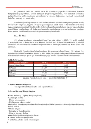 Fatih Belediyesi
2015-2019 Stratejik Planı
	 Bu çerçevede tarihi ve kültürel doku ile uyuşmayan yapıların kaldırılması, çöküntü
bölgelerinin iyileştirilmesi, kentsel dönüşüm projeleri uygulanması, yeşil dokunun korunarak
geliştirilmesi ve tarihi mekânların yaya akslarıyla birbirine bağlanması yapılacak planın temel
hedefleri arasında yer almaktadır.
	 Koruma amaçlı imar planı ile fiziki mekânın kullanılması açısından fonksiyonlar yeniden düzen-
lenecektir. Bu çerçevede, bölgenin kimliği ve işlevi ile çelişen zararlı imalat ve depolama faaliyetlerinin
ilçe dışına çıkartılması öngörülmektedir. Bu fonksiyonlardan boşalan alanların, mevcut yapı stokundan
azami ölçüde yararlanılarak, asli fonksiyonu konut olan yapılarda onarım ve sağlamlaştırma yapılarak
konut, ticaret, konaklama işlevlerine kavuşturulması amaçlanmaktadır.
	 2.7.3.	 Sit Alanı
	 1994 yılında hazırlanmış bulunan Fatih İmar Planı iptal edilmiş ve 12.07.1995 tarihli İstanbul
1 Numaralı Kültür ve Tabiat Varlıklarını Koruma Kurulu Kararı ile Eminönü’ndeki tarihi ve kültürel
önemi olan anıt, sivil mimarlık örnekleri, bölge ve alanlar ve arkeolojik kalıntılar “Sit Alanı” olarak ilan
edilmiştir.
	 Büyükşehir Belediyesi tarafından hazırlanan Koruma Amaçlı İmar Planları 2012 yılında İlçe
Belediye Meclisi tarafından kabul edilmiş ve daha sonra 2012 yılında da Büyükşehir Belediye Meclisi
tarafından onaylanmıştır. Şu an için plan hükümleri geçiş dönemi koşulları olarak kabul edilmiştir.
Tablo 7: Sit Alanları
Koruma Bölgeleri Alan (Ha) Oranı (%)
Dünya Miras Alanları 296,18 18,95
1.Derece 217,87 13,94
2.Derece 154,02 9,86
3.Derece 894,55 57,25
Toplam 1562.62 100
Kaynak: Fatih Belediyesi, İmar ve Şehircilik Müdürlüğü, 2014
1. Derece Koruma Bölgeleri	:
	 Fatih İlçesinde 217 hektarlık bir alanı kapsamaktadır.
1.Derece Koruma Bölgesi alanları:
• Sur-u Sultani içi (Topkapı Sarayı ve çevresi)
• Arkeolojik Alanlar
• Dünya Miras Alanları
• Külliyeler ve yakın çevreleri
• Geleneksel yol dokusu, mimari karakteri ve kültürel özellikleri günümüze kadar değişmeden korunmuş
kentsel alanlar
• Hanlar Bölgesi
• Sarnıçlar ve Çukurbostanlar
• Kara ve Marmara Surları
• Doğal niteliğini korumuş bostan alanları,
• Tarihsel öneme sahip meydanlar
• Tarihi Ana Arterler olarak belirlenmiştir.
13
 