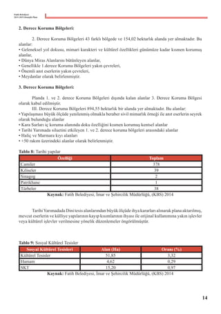 Fatih Belediyesi
2015-2019 Stratejik Planı
2. Derece Koruma Bölgeleri:
	 2. Derece Koruma Bölgeleri 43 farklı bölgede ve 154,02 hektarlık alanda yer almaktadır. Bu
alanlar:
• Geleneksel yol dokusu, mimari karakteri ve kültürel özellikleri günümüze kadar kısmen korumuş
alanlar,
• Dünya Miras Alanlarını bütünleyen alanlar,
• Genellikle 1.derece Koruma Bölgeleri yakın çevreleri,
• Önemli anıt eserlerin yakın çevreleri,
• Meydanlar olarak belirlenmiştir.
3. Derece Koruma Bölgeleri:
	 Planda 1. ve 2. derece Koruma Bölgeleri dışında kalan alanlar 3. Derece Koruma Bölgesi
olarak kabul edilmiştir.
	 III. Derece Koruma Bölgeleri 894,55 hektarlık bir alanda yer almaktadır. Bu alanlar:
• Yapılaşması büyük ölçüde yenilenmiş olmakla beraber sivil mimarlık örneği ile anıt eserlerin seyrek
olarak bulunduğu alanlar
• Kara Surları iç koruma alanında doku özelliğini kısmen korumuş kentsel alanlar
• Tarihi Yarımada siluetini etkileyen 1. ve 2. derece koruma bölgeleri arasındaki alanlar
• Haliç ve Marmara kıyı alanları
• +50 rakım üzerindeki alanlar olarak belirlenmiştir.
Tablo 8: Tarihi yapılar
Özelliği Toplam
Camiler 378
Kiliseler 39
Sinagog 2
Patrikhane 1
Türbeler 38
Kaynak: Fatih Belediyesi, İmar ve Şehircilik Müdürlüğü, (KBS) 2014
	 TarihiYarımadada Dini tesis alanlarından büyük ölçüde ihya kararları alınarak plana aktarılmış,
mevcut eserlerin ve külliye yapılarının kayıp kısımlarının ihyası ile orijinal kullanımına yakın işlevler
veya kültürel işlevler verilmesine yönelik düzenlemeler öngörülmüştür.
Tablo 9: Sosyal Kültürel Tesisler
Sosyal Kültürel Tesisleri Alan (Ha) Oranı (%)
Kültürel Tesisler 51,85 3,32
Hamam 4,62 0,29
SKT 15,20 0,97
Kaynak: Fatih Belediyesi, İmar ve Şehircilik Müdürlüğü, (KBS) 2014
14
 