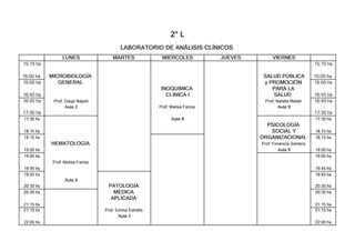 2° L
LABORATORIO DE ANÁLISIS CLÍNICOS
LUNES MARTES MIERCOLES JUEVES VIERNES
15:15 hs 15:15 hs
16:00 hs MICROBIOLOGÍA SALUD PÚBLICA 16:00 hs
16:00 hs GENERAL y PROMOCIÓN 16:00 hs
BIOQUÍMICA PARA LA
16:45 hs CLÍNICA I SALUD 16:45 hs
16:45 hs Prof; Diego Nápoli Prof: Natalia Malah 16:45 hs
Aula 2 Prof: Melisa Farina Aula 9
17:30 hs 17:30 hs
17:30 hs Aula 9 17:30 hs
PSICOLOGÍA
18:15 hs SOCIAL Y 18:15 hs
18:15 hs ORGANIZACIONAL 18:15 hs
HEMATOLOGÍA Prof: Florencia Sombra
19:00 hs Aula 9 19:00 hs
19:00 hs 19:00 hs
Prof: Melisa Farina
19:45 hs 19:45 hs
19:45 hs 19:45 hs
Aula 9
20:30 hs PATOLOGÍA 20:30 hs
20:30 hs MÉDICA 20:30 hs
APLICADA
21:15 hs 21:15 hs
21:15 hs Prof: Emma Estrella 21:15 hs
Aula 1
22:00 hs 22:00 hs