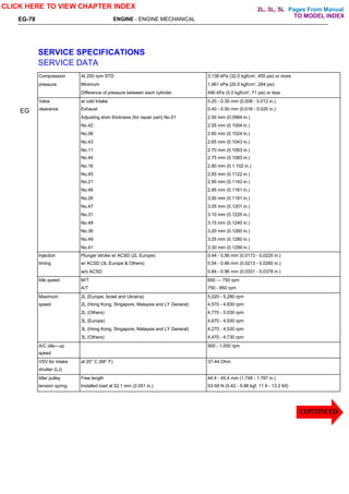 Pages From Manual
EG-78
SERVICE SPECIFICATIONS
SERVICE DATA
Compression At 250 rpm STD 3,138 kPa (32.0 kgf/cm', 455 psi) or more
pressure Minimum 1,961 kPa (20.0 kgf/cm', 284 psi)
Difference of pressure between each cylinder 490 kPa (5.0 kgf/cm', 71 psi) or less
Valve at cold Intake 0.20 - 0.30 mm (0.008 - 0.012 in.)
clearance Exhaust 0.40 - 0.50 mm (0.016 - 0.020 in.)
Adjusting shim thickness (for repair part) No.01 2.50 mm (0.0984 in.)
No.42 2.55 mm (0.1004 in.)
No.06 2.60 mm (0.1024 in.)
No.43 2.65 mm (0.1043 in.)
No.11 2.70 mm (0.1063 in.)
No.44 2.75 mm (0.1083 in.)
No.16 2.80 mm (0.1 102 in.)
No.45 2.85 mm (0.1122 in.)
No.21 2.90 mm (0.1142 in.)
No.46 2.95 mm (0.1161 in.)
No.26 3.00 mm (0.1181 in.)
No.47 3.05 mm (0.1201 in.)
No.31 3.10 mm (0.1220 in.)
No.48 3.15 mm (0.1240 in.)
No.36 3.20 mm (0.1260 in.)
No.49 3.25 mm (0.1280 in.)
No.41 3.30 mm (0.1299 in.)
Injection Plunger stroke w/ ACSD (2L Europe) 0.44 - 0,56 mm (0.0173 - 0.0220 in.)
timing w/ ACSD (3L Europe & Others) 0.54 - 0.66 mm (0.0213 - 0.0260 in.)
w/o ACSD 0.84 - 0.96 mm (0.0331 - 0.0378 in.)
Idle speed M/T 650 — 750 rpm
A/T 750 - 850 rpm
Maximum 2L (Europe, Israel and Ukraina) 5,020 - 5,280 rpm
speed 2L (Hong Kong, Singapore, Malaysia and LY General) 4,570 - 4.830 rpm
2L (Others) 4,770 - 5.030 rpm
3L (Europe) 4,670 - 4,930 rpm
3L (Hong Kong, Singapore, Malaysia and LY General) 4,270 - 4,530 rpm
3L (Others) 4,470 - 4,730 rpm
A/C idle—up 900 - 1,000 rpm
speed
VSV for intake at 20° C (68° F) 37-44 Ohm
shutter (LJ)
Idler pulley Free length 44.4 - 45.4 mm (1.748 - 1.787 in.)
tension spring Installed load at 52,1 mm (2.051 in.) 53-59 N (5.42 - 5.98 kgf, 11.9 - 13.2 lbf)
EG
ENGINE - ENGINE MECHANICAL
CLICK HERE TO VIEW CHAPTER INDEX
CONTINUED
TO MODEL INDEX
2L, 3L, 5L
 
