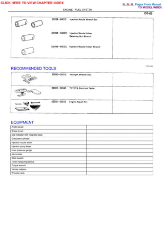 Pages From Manual
ENGINE - FUEL SYSTEM
EG-85
RECOMMENDED TOOLS
EQUIPMENT
Angle gauge
Brass brush
Dial indicator with magnetic base
Graduated cylinder
Injection nozzle tester
Injection pump tester
Inner pressure gauge
Micrometer
Steel square
Timer measuring device
Torque wrench
Vernier calipers
Wooden stick
1T01C-0Y
CLICK HERE TO VIEW CHAPTER INDEX
TO MODEL INDEX
2L,3L,5L
 