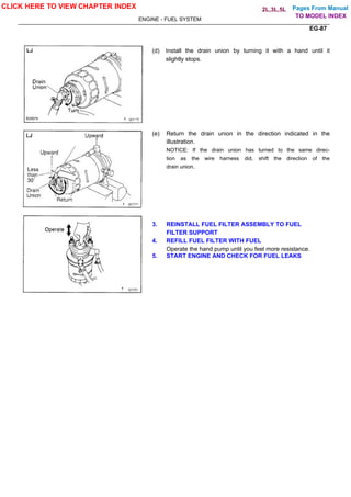 Pages From Manual
ENGINE - FUEL SYSTEM
EG-87
(d) Install the drain union by turning it with a hand until it
slightly stops.
(e) Return the drain union in the direction indicated in the
illustration.
NOTICE: If the drain union has turned to the same direc-
tion as the wire harness did, shift the direction of the
drain union.
3. REINSTALL FUEL FILTER ASSEMBLY TO FUEL
FILTER SUPPORT
4. REFILL FUEL FILTER WITH FUEL
Operate the hand pump until you feel more resistance.
5. START ENGINE AND CHECK FOR FUEL LEAKS
CLICK HERE TO VIEW CHAPTER INDEX
TO MODEL INDEX
2L,3L,5L
 