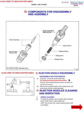 Pages From Manual
ENGINE - FUEL SYSTEM
EC-93
D: COMPONENTS FOR DISASSEMBLY
AND ASSEMBLY
E: INJECTION NOZZLE DISASSEMBLY
DISASSEMBLE INJECTION NOZZLES
(a) Using SST. remove the nozzle holder body.
SST 09268-64010(09268-64020,09268-64030)
NOTICE: When disassembling the nozzle, be careful not
to drop the inner parts.
(b) Remove the pressure spring, shim. pressure pin, dis-
tance piece and the nozzle assembly.
F: INJECTION NOZZLES CLEANING
AND INSPECTION
1. NOZZLE CLEANING
(a) To wash the nozzles, use a wooden stick and brass
brush. Wash them in clean diesel fuel.
HINT: Do not touch the nozzle mating surfaces with
your fingers.
CLICK HERE TO VIEW CHAPTER INDEX
CLICK HERE TO VIEW CHAPTER INDEX
CONTINUED
TO MODEL INDEX
2L, 3L, 5L
 