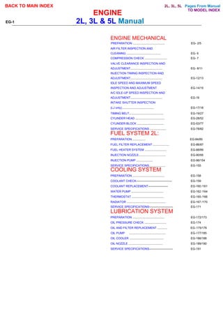 Pages From Manual
EG-1 2L, 3L & 5L Manual
ENGINE MECHANICAL
AIR FILTER INSPECTION AND
CLEANING .......................................... EG- 6
COMPRESSION CHECK ........................... EG- 7
VALVE CLEARANCE INSPECTION AND
ADJUSTMENT....................................... EG- 8/11
INJECTION TIMING INSPECTION AND
ADJUSTMENT....................................... EG-12/13
IDLE SPEED AND MAXIMUM SPEED
INSPECTION AND ADJUSTMENT EG-14/15
A/C IDLE-UP SPEED INSPECTION AND
ADJUSTMENT....................................... EG-16
INTAKE SHUTTER INSPECTION
(LJ only)........................................ EG-17/18
TIMING BELT.......................................... EG-19/27
CYLINDER HEAD .................................... EG-28/52
CYLINDER BLOCK ................................. EG-53/77
SERVICE SPECIFICATIONS .................... EG-78/82
FUEL SYSTEM 2L:
PREPARATION ................ EG-84/85
FUEL FILTER REPLACEMENT .................... EG-86/87
FUEL HEATER SYSTEM ........................... EG-88/89
INJECTION NOZZLE................................. EG-90/95
INJECTION PUMP .................... EG-96/154
SERVICE SPECIFICATIONS.................... EG-155
COOLING SYSTEM
PREPARATION ....................................... EG-158
COOLANT CHECK------------------------------------ EG-159
COOLANT REPLACEMENT-------------------- EG-160 /161
WATER PUMP ....................................... EG-162 /164
THERMOSTAT ....................................... EG-165 /166
RADIATOR ................................................ EG-167 /170
SERVICE SPECIFICATIONS------------------------ EG-171
LUBRICATION SYSTEM
PREPARATION ....................................... EG-172/173
OIL PRESSURE CHECK ........................... EG-174
OIL AND FILTER REPLACEMENT ............ EG-175/176
OIL PUMP ............................................. EG-177/185
OIL COOLER .......................................... EG-186/188
OIL NOZZLE .......................................... EG-189/190
SERVICE SPECIFICATIONS------------------------ EG-191
ENGINE
TO MODEL INDEX
PREPARATION ....................................... EG- 2/5
2L, 3L, 5L
BACK TO MAIN INDEX
 