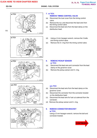 Pages From Manual
EG-104 ENGINE - FUEL SYSTEM
EG
7. w/ TCV:
REMOVE TIMING CONTROL VALVE
(a) Disconnect the dust cover from the timing control
valve.
(b) Remove the nut, and disconnect the lead wire from
the timing control valve.
(c) Disconnect the lead wire from the lead clamp on the
distributive head.
(d) Using a 5 mm hexagon wrench, remove the 3 bolts
and timing control valve.
(e) Remove the 0—ring from the timing control valve.
8. REMOVE PICKUP SENSOR
w/ TCV:
(a) Disconnect the lead wire and connector from the lead
clamp on the governor cover.
(b) Remove the pickup sensor and 0—ring.
w/o TCV:
(a) Disconnect the lead wire from the lead clamp on the
governor cover.
(b) Disconnect the connector from the connector bracket
on the distributive head.
(c) Disconnect the lead wire for fuel cut solenoid from the
connector.
(d) Remove the pickup sensor and 0—ring.
9. REMOVE CONNECTOR BRACKET
w/ TCV;
Using a 5 mm hexagon wrench, remove the bolt and
connector bracket.
CLICK HERE TO VIEW CHAPTER INDEX
CONTINUED
TO MODEL INDEX
2L, 3L, 5L
 
