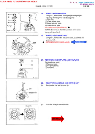 Pages From Manual
ENGINE - FUEL SYSTEM EG-109
19. REMOVE PUMP PLUNGER
Using SST, remove the pump plunger and plunger
adjusting shim together with these parts:
(1) Spill ring
(2) Lower spring seat
(3) Upper plunger plate
(4) Lower plunger plate
SST 09260-54012 (09269-54030)
NOTICE: Do not touch the sliding surfaces of the pump
plunger with your hand.
20. REMOVE GOVERNOR LINK
Using SST, remove the 2 support bolts, 2 gaskets and
governor link.
SST 09260-54012 (09269-54040)
21. REMOVE FACE CAMPLATE AND COUPLING
Remove these parts:
(1) Facecamplate
(2) Coupling spring
(3) Coupling
22. REMOVE ROLLER RING AND DRIVE SHAFT
(a) Remove the clip and stopper pin.
(b) Push the slide pin toward inside.
CLICK HERE TO VIEW CHAPTER INDEX
LINK BACK
LINK BACK
TO MODEL INDEX
2L, 3L, 5L
CONTINUED
 
