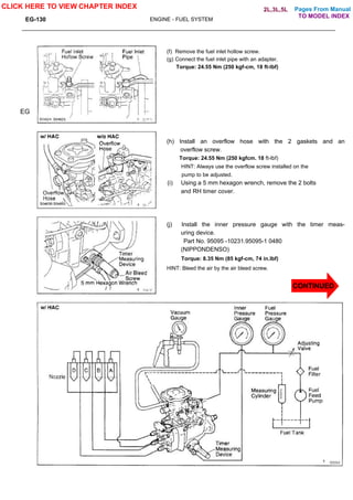 Pages From Manual
EG-130 ENGINE - FUEL SYSTEM
EG
(f) Remove the fuel inlet hollow screw.
(g) Connect the fuel inlet pipe with an adapter.
Torque: 24.55 Nm (250 kgf-cm, 18 ft-lbf)
(h) Install an overflow hose with the 2 gaskets and an
overflow screw.
Torque: 24.55 Nm (250 kgfcm. 18 ft-lbf)
HINT: Always use the overflow screw installed on the
pump to be adjusted.
(i) Using a 5 mm hexagon wrench, remove the 2 bolts
and RH timer cover.
(j) Install the inner pressure gauge with the timer meas-
uring device.
Part No. 95095 -10231.95095-1 0480
(NIPPONDENSO)
Torque: 8.35 Nm (85 kgf-cm, 74 in.lbf)
HINT: Bleed the air by the air bleed screw.
CLICK HERE TO VIEW CHAPTER INDEX
CONTINUED
TO MODEL INDEX
2L,3L,5L
 
