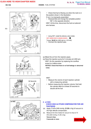 Pages From Manual
EC-132 ENGINE - FUEL SYSTEM
EG
• Check that fuel is flowing out when the mark is in
the position shown in the illustration.
If not, it is improperly assembled.
• Disassemble and change the camplate position
180° in the opposite direction.
HINT: At this time, disconnect the fuel cut solenoid
wire harness.
• Using SST, install the delivery valve holder.
SST 09260-54012 (09269-54020)
Torque: 58.85 Nm (600 kgf-cm. 43 ft-lbf)
• Connect the injection pipe.
(p) Bleed the air from the injection pipes.
(q) Race the injection pump for 5 minutes at 2,000 rpm.
HINT: Do this operation by replacing the overflow
screw to a hollow screw.
NOTICE: Check that there is no fuel leakage or abnormal
noise.
HINT:
• Measure the volume of each injection cylinder
with a measuring cylinder.
• Before measuring the injection volume, first hold
the cylinder tilted for at least 30 seconds to
discard all the fuel.
2. w/ HAC:
CHECK HIGH ALTITUDE COMPENSATOR FOR AIR
TIGHTNESS
(a) Apply 73 kPa (548 mmHg. 21.56 in.Hg) of vacuum to
the high altitude compensator.
(b) Measure the time it takes for vacuum to drop to 72
kPa (540 mmHg, 21.26 in.Hg).
Vacuum drop:
5 seconds or more
CLICK HERE TO VIEW CHAPTER INDEX
TO MODEL INDEX
2L, 3L, 5L
CONTINUED
 