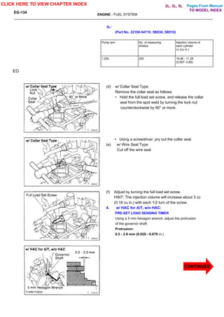 Pages From Manual
EG-134
ENGINE - FUEL SYSTEM
3L:
(Part No. 22100-54710. 5B030, 5B510)
Pump rpm No. of measuring
strokes
Injection volume of
each cylinder
cc (cu in.)
1,200 200 10.96 - 11.28
(0.067- 0.69)
EG
(d) w/ Collar Seal Type:
Remove the collar seal as follows:
• Hold the full load set screw, and release the collar
seal from the spot weld by turning the lock nut
counterclockwise by 90° or more.
• Using a screwdriver, pry out the collar seal.
(e) w/ Wire Seal Type:
Cut off the wire seal.
(f) Adjust by turning the full load set screw.
HINT: The injection volume will increase about 3 cc
(0.18 cu in.) with each 1/2 turn of the screw.
4. w/ HAC for A/T, w/o HAC:
PRE-SET LOAD SENSING TIMER
Using a 5 mm hexagon wrench, adjust the protrusion
of the governor shaft.
Protrusion:
0.5 - 2.0 mm (0.020 - 0.079 in.)
CLICK HERE TO VIEW CHAPTER INDEX
TO MODEL INDEX
2L, 3L, 5L
CONTINUED
 