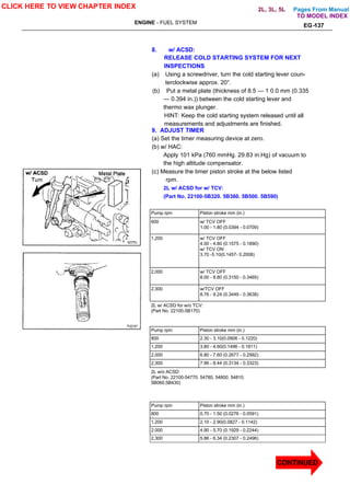 Pages From Manual
ENGINE - FUEL SYSTEM
EG-137
8. w/ ACSD:
RELEASE COLD STARTING SYSTEM FOR NEXT
INSPECTIONS
(a) Using a screwdriver, turn the cold starting lever coun-
terclockwise approx. 20°.
(b) Put a metal plate (thickness of 8.5 — 1 0.0 mm (0.335
— 0.394 in.)) between the cold starting lever and
thermo wax plunger.
HINT: Keep the cold starting system released until all
measurements and adjustments are finished.
9. ADJUST TIMER
(a) Set the timer measuring device at zero.
(b) w/ HAC:
Apply 101 kPa (760 mmHg. 29.83 in.Hg) of vacuum to
the high altitude compensator.
(c) Measure the timer piston stroke at the below listed
rpm.
2L w/ ACSD for w/ TCV:
(Part No. 22100-5B320. 5B360. 5B500. 5B590)
Pump rpm Piston stroke mm (in.)
600 w/ TCV OFF
1.00 - 1.80 (0.0394 - 0.0709)
1,200 w/ TCV OFF
4.00 - 4.80 (0.1575 - 0.1890)
w/ TCV ON
3.70 -5.10(0.1457- 0.2008)
2,000 w/ TCV OFF
8.00 - 8.80 (0.3150 - 0.3465)
2,300 w/TCV OFF
8.76 - 9.24 (0.3449 - 0.3638)
2L w/ ACSD for w/o TCV:
(Part No. 22100-5B170)
Pump rpm Piston stroke mm (in.)
800 2.30 - 3.10(0.0906 - 0.1220)
1,200 3.80 - 4.60(0.1496 - 0.1811)
2,000 6.80 - 7.60 (0.2677 - 0.2992)
2,300 7.96 - 8.44 (0.3134 - 0.3323)
2L w/o ACSD:
(Part No. 22100-54770. 54780, 54800. 54810.
5B060,5B430)
Pump rpm Piston stroke mm (in.)
800 0.70 - 1.50 (0.0276 - 0.0591)
1,200 2.10 - 2.90(0.0827 - 0.1142)
2.000 4.90 - 5.70 (0.1929 - 0.2244)
2,300 5.86 - 6.34 (0.2307 - 0.2496)
CLICK HERE TO VIEW CHAPTER INDEX
CONTINUED
TO MODEL INDEX
2L, 3L, 5L
 