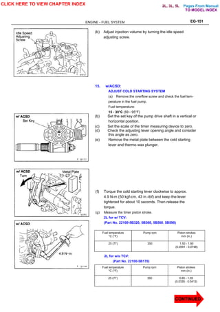 Pages From Manual
ENGINE - FUEL SYSTEM EG-151
(b) Adjust injection volume by turning the idle speed
adjusting screw.
15. w/ACSD:
ADJUST COLD STARTING SYSTEM
(a) Remove the overflow screw and check the fuel tem-
perature in the fuel pump.
Fuel temperature:
15 - 35°C (59 - 95°F)
(b) Set the set key of the pump drive shaft in a vertical or
horizontal position.
(c) Set the scale of the timer measuring device to zero.
(d) Check the adjusting lever opening angle and consider
this angle as zero.
(e) Remove the metal plate between the cold starting
lever and thermo wax plunger.
(f) Torque the cold starting lever clockwise to approx.
4.9 N-m (50 kgf-cm, 43 in.-lbf) and keep the lever
tightened for about 10 seconds. Then release the
torque.
(g) Measure the timer piston stroke.
2L for w/ TCV:
(Part No. 22100-5B320, 5B360, 5B500. 5B590)
Fuel temperature
°C (°F)
Pump rpm Piston strokes
mm (in.)
25 (77) 350 1.50 - 1.90
(0.0591 - 0.0748)
2L for w/o TCV:
(Part No. 22100-5B170)
Fuel temperature
°C (°F)
Pump rpm Piston strokes
mm (in.)
25 (77) 350 0.85 - 1.05
(0.0335 - 0.0413)
CLICK HERE TO VIEW CHAPTER INDEX
CONTINUED
TO MODEL INDEX
2L, 3L, 5L
 