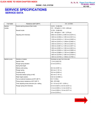 Pages From Manual
ENGINE - FUEL SYSTEM
EC-155
Fuel heater Resistance at20°C(68°F) 0.5 - 2.0 Ohm
Injection Nozzle opening pressure New nozzle 14.810 - 15,590 kPa
nozzles (151 - 159 kgf/cm', 2,148 - 2,262 psi)
Reused nozzle 13,729 - 15,690 kPa
(140 - 160 kgf/cm', 1.991 - 2,276 psi)
Adjusting shim thickness 0.900 mm (0.0354 in.) 0.950 mm (0.0374 in.)
1.000 mm (0.0394 in.) 1.050 mm (0.0413 in.)
1.100 mm (0.0433 in.) 1.150 mm (0.0453 in.)
1.200 mm (0.0472 in.) 1.250mm (0.0492 in.)
1,300 mm (0.0512 in.) 1.350 mm (0.0531 in.)
1.400 mm (0.0551 in.) 1.450 mm (0.0571 in.)
1.500 mm (0.0591 in.) 1.550 mm (0.0610 in.)
1.600 mm (0.0630 in.) 1.650 mm (0.0650 in.)
1.700 mm (0.0669 in.) 1.750 mm (0.0689 in.)
1.800 mm (0.0709 in.) 1.850 mm (0.0728 in.)
1.900 mm (0.0748 in.) 1.950mm (0.0768 in.)
Injection pump Direction of rotation Clockwise as seen from drive side
Injection order 1 -3-4-2 (A-B-C-D)
Plunger spring deviation 2.0 mm (0.079 in.)
Spring free length
Delivery valve spring 24.4 mm (0.961 in.)
Plunger spring 30.0 mm (1.181 in.)
Coupling spring 16.6 mm (0.654 in.)
Pneumatic bellows spring w/ HAC 30.0 mm (1.181 in.)
Roller height variation 0.02 mm (0.0008 in.)
Fuel cut solenoid resistance at 20°C (68° F) 9.5-11.9 Ohm
Pickup sensor resistance at 20°C (68° F) 650 - 970 OHM
Timer adjusting screw protrusion pre—setting 5.0 - 6.0 mm (0.197 - 0.236 in.)
Plunger spring shim thickness 0.5 mm (0.020 in.) 0.8 mm (0.031 in.)
1.0 mm (0.039 in.) 1.2 mm (0.047 in.)
1.5 mm (0.059 in.) 1.8 mm (0.071 in.)
2.0 mm (0.079 in.)
CONTINUED
Fuel heater Resistance at20°C(68°F) 0.5 - 2.0 Ohm
CLICK HERE TO VIEW CHAPTER INDEX
TO MODEL INDEX
S
SERVICE SPECIFICATIONS
SERVICE DATA
2L, 3L, 5L
 