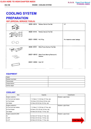 Pages From Manual
EG-158 ENGINE - COOLING SYSTEM
COOLING SYSTEM
PREPARATION
SST (SPECIAL SERVICE TOOLS)
EQUIPMENT
Heater
Radiator cap tester
Thermometer
Torque wrench
Vernier caliper
COOLANT
Item Capacity Classification
Engine coolant/LJ Ethylene—glycot base
w/ Front and rear heaters 1 1.0 liters (1 1.6 US qts, 9.7 Imp. qts)
w/ Front heater 10.0 liters (10.6 US qts, 8.8 Imp. qts)
w/o Heater 9.3 liters (9.8 US qts, 8.2 Imp. qts)
Engine coolant/LH Ethylene—glycol base
w/ Front and rear heaters 1 1.0 liters (1 1.6 US qts, 9.7 Imp. qts)
w/ Front Heater 9.5 liters (10.0 US qts, 8.4 Imp. qts)
w/o Heater 8.5 liters (9.0 US qts, 7.5 Imp. qts)
Engine coolant/LN 2WD Ethylene—glycol base
2L 9.2 liters (9.7 US qts, 8.1 Imp. qts)
3L M/T 8.9 liters (9.4 US qts, 7.8 Imp. qts)
3L A/T 8.8 liters (9.3 US qts, 7.7 Imp. qts)
CLICK HERE TO VIEW CHAPTER INDEX
TO MODEL INDEX
2L,3L,5L
CONTINUED
 